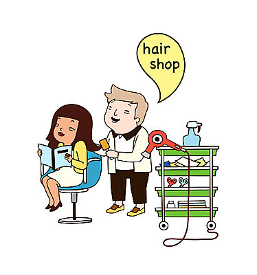 전신 여자 남자 말풍선 의자 일러스트 가위 미소 웃음 사람 성인 두명 책 미용실 드라이어 미용사 고객 분무기 성인만 국내일러스트 AI파일 직업 가구 문구용품 표정 미용용품 뷰티샵 파일형식 벡터