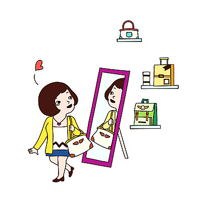 전신 잡화 여자 가방 일러스트 한명 서기 미소 웃음 사람 성인 쇼핑 상점 거울 구매 고객 전신거울 여자만 여자한명만 성인여자만 성인만 국내일러스트 AI파일 1 모션 표정 파일형식 벡터