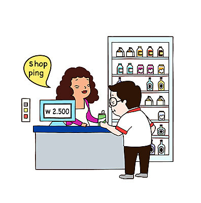 여자 남자 음료 일러스트 서기 미소 웃음 사람 성인 두명 쇼핑 계산 계산대 고객 직원 마트 판매원 캐셔 편의점 성인만 국내일러스트 AI파일 직업 모션 표정 상점 파일형식 벡터