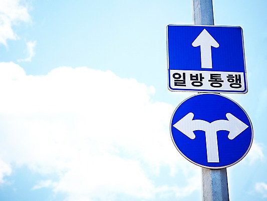 포토 JPG 주간 구름 기호 화살표 로우앵글 컬러 하늘 안내 알림판 사람없음 야외 파란색 표지판 지시 교통표지 명령 일방통행 좌우회전 국내포토 자연요소 문자 뷰포인트 교통 모션 도로표지판 통행 파일형식