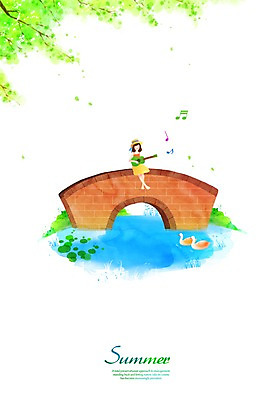 전신 PSD 동물 계절 여자 호수 어린이 악기 백그라운드 연주 일러스트 조류 현악기 오리 한명 미소 웃음 사람 앉기 풍경 소녀 여름 강 기타 가교 여자만 여자한명만 어린이만 소녀만 소녀한명만 국내일러스트 1 건축물 음악 모션 표정 파일형식