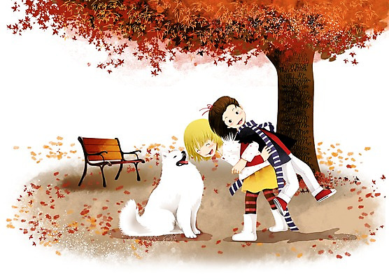 전신 PSD 나무 식물 동물 여자 반려견 어린이 낙엽 잎 벤치 의자 일러스트 포유류 나뭇잎 함께함 서기 미소 웃음 사람 소녀 두명 반려동물 개 강아지 소통 등배지기 여자만 어린이만 소녀만 국내일러스트 가구 컨셉 모션 표정 파일형식