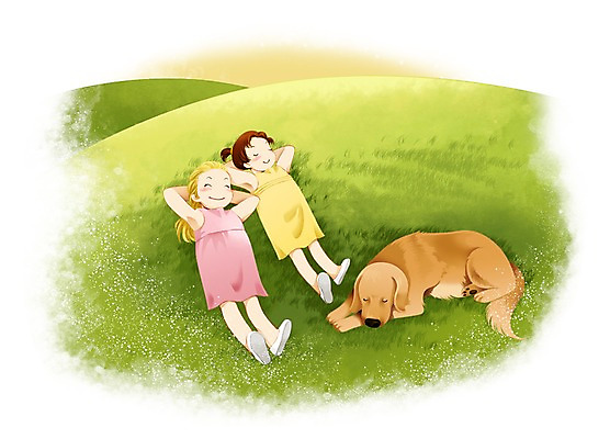전신 PSD 식물 동물 여자 반려견 어린이 일러스트 포유류 휴식 함께함 미소 웃음 사람 소녀 잔디 초원 두명 반려동물 눕기 눈감음 풀 개 강아지 소통 여자만 어린이만 소녀만 국내일러스트 컨셉 모션 표정 파일형식