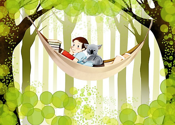 PSD 나무 식물 동물 남자 어린이 일러스트 포유류 함께함 한명 미소 웃음 사람 앉기 소년 책 해먹 코알라 소통 남자만 남자한명만 어린이만 소년만 소년한명만 국내일러스트 1 컨셉 모션 표정 침대 파일형식