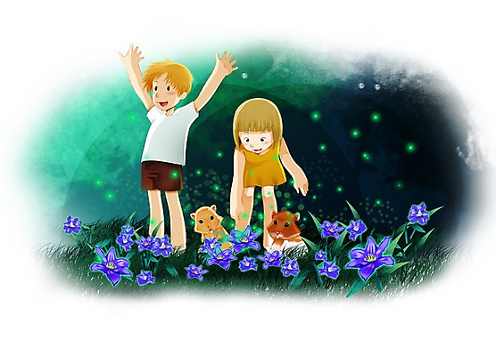 전신 PSD 식물 동물 여자 남자 꽃 어린이 꽃밭 일러스트 포유류 함께함 서기 미소 웃음 사람 소녀 소년 두명 보라색 다람쥐 소통 다람쥐과 어린이만 국내일러스트 컬러 컨셉 모션 표정 설치류 파일형식