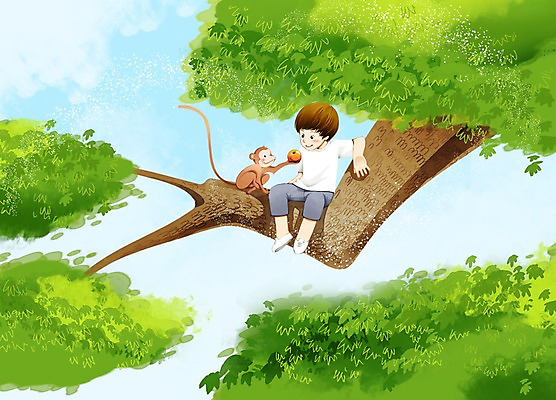 전신 PSD 나무 식물 동물 구름 열매 남자 어린이 과일 일러스트 포유류 하늘 함께함 한명 미소 웃음 사람 앉기 소년 원숭이 소통 남자만 남자한명만 어린이만 소년만 소년한명만 국내일러스트 자연요소 1 컨셉 모션 표정 파일형식