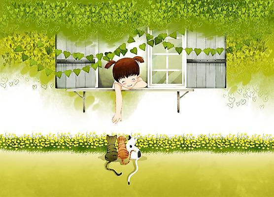 PSD 식물 동물 여자 꽃 어린이 일러스트 창문 포유류 함께함 한명 미소 웃음 사람 소녀 상반신 노란색 고양이 창가 소통 여자만 여자한명만 어린이만 소녀만 소녀한명만 국내일러스트 1 컬러 컨셉 표정 반려동물 파일형식