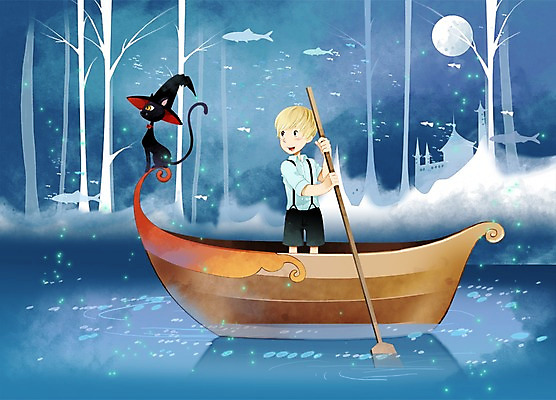 PSD 나무 식물 동물 남자 어린이 일러스트 포유류 함께함 어류 한명 서기 미소 웃음 사람 소년 고양이 보름달 달 나룻배 노 노젓기 소통 선박 남자만 남자한명만 어린이만 소년만 소년한명만 국내일러스트 자연요소 1 컨셉 수상교통 배_교통 모션 표정 반려동물 수중동물 파일형식