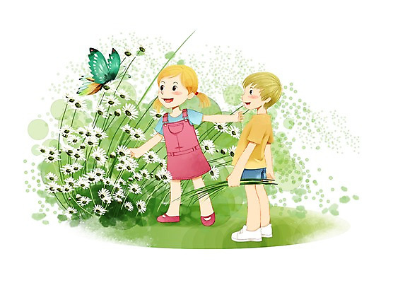 전신 PSD 식물 동물 여자 남자 꽃 어린이 꽃밭 일러스트 함께함 서기 미소 웃음 사람 소녀 소년 두명 흰색 소통 어린이만 국내일러스트 컬러 컨셉 모션 표정 파일형식