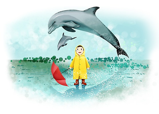 전신 PSD 동물 남자 어린이 일러스트 우산 날씨 함께함 장화 한명 서기 미소 웃음 사람 소년 비 고래 돌고래 우비 날씨캐릭터 소통 남자만 남자한명만 어린이만 소년만 소년한명만 일러캐릭터 자연요소 캐릭터 1 옷 신발 컨셉 포유류 모션 표정 수중동물 파일형식