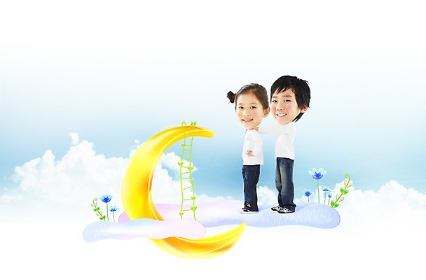 PSD 식물 구름 편집 편집이미지 여자 남자 꽃 초등학생 어린이 포즈 사다리 가정 가족 포토일러 하늘 남매 미소 사람 동양인 소녀 소년 두명 한국인 달 초승달 즐거움 인물미니어처 SD캐릭터 어린이만 이미지편집 자연요소 캐릭터 학생 감정 관계 표정 인종 미니어처 도구 파일형식