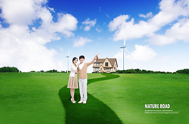 전신 PSD 식물 구름 편집이미지 부부 커플 여자 남자 길 한쌍 신혼부부 자연 하늘 주택 서기 미소 웃음 사람 동양인 손짓 잔디 초원 성인 두명 건물 풍차 가리킴 쌍 풀 풍력에너지 풍력기 성인만 이미지편집 자연요소 건축물 관계 모션 표정 인종 그린에너지 생태계 신혼 파일형식