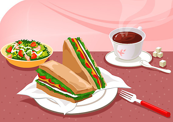 그릇 접시 커피 음식 빵 포크 일러스트 디저트 잔 서양음식 샌드위치 요리 사람없음 컵 숟가락 샐러드 차 커피잔 찻잔 설탕 각설탕 컵받침 받침대 국내일러스트 AI파일 식기 음료 수저 파일형식 벡터