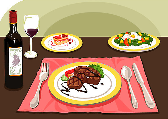 그릇 접시 음식 포크 채소 와인잔 일러스트 디저트 잔 주류 서양음식 육류 스테이크 요리 사람없음 컵 케이크 와인 숟가락 식사 샐러드 나이프 칼 와인병 육식 국내일러스트 AI파일 식기 음료 술잔 식재료 병_용기 수저 파일형식 벡터