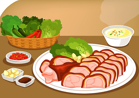 그릇 접시 한식 음식 일러스트 고추 반찬 마늘 돼지고기 요리 사람없음 소쿠리 상추 종지 쌈장 족발 돼지족발 쌈채소 콩나물국 국내일러스트 AI파일 식기 채소 육류 바구니 양념 국물 파일형식 벡터