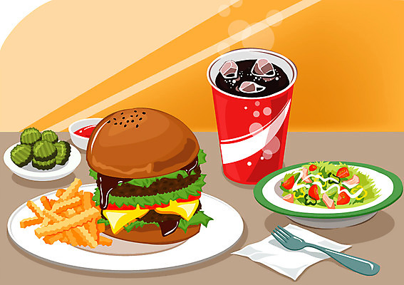 그릇 접시 음료 음식 빵 포크 채소 일러스트 디저트 패스트푸드 서양음식 요리 사람없음 샐러드 감자튀김 햄버거 인스턴트 피클 콜라 패티 국내일러스트 AI파일 식기 감자 튀김 탄산음료 절임 파일형식 벡터