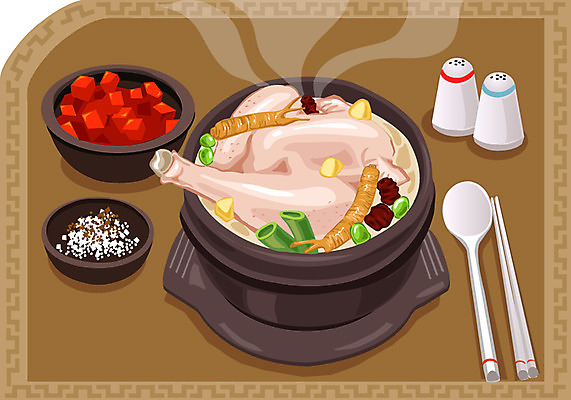 한국문화 그릇 한식 음식 일러스트 젓가락 여름음식 김치 육류 요리 사람없음 숟가락 치킨 닭고기 닭 양념 복날 인삼 깍두기 뚝배기 대추 소금 양념통 종지 보양식 삼계탕 파 육식 대파 제철음식 삼복 국내일러스트 AI파일 동양문화 식기 기념일 채소 식재료 조류 한국 수저 통 삼 닭고기요리 몸보신 제철 파일형식 벡터 여름_계절