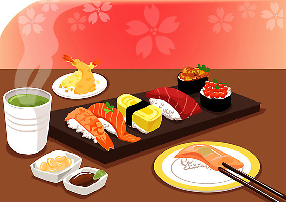 그릇 접시 음식 일본문화 일러스트 잔 마늘 요리 사람없음 컵 계란 알 초밥 튀김 고추냉이 생선초밥 간장 롤 종지 계란초밥 새우초밥 연어초밥 일본음식 국내일러스트 AI파일 동양문화 식기 외국문화 채소 새우 양념 연어 파일형식 벡터