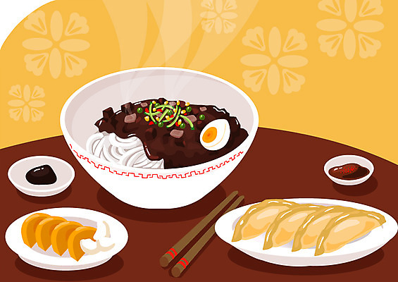 그릇 음식 채소 일러스트 젓가락 양파 중국문화 요리 사람없음 중식 면류 면 짜장면 만두 단무지 간장 종지 군만두 춘장 국내일러스트 AI파일 동양문화 식기 외국문화 수저 양념 조미료 파일형식 벡터