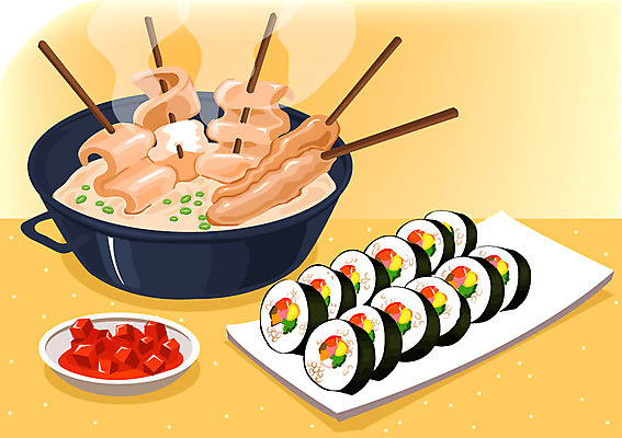 한국문화 그릇 접시 한식 음식 일러스트 디저트 김치 요리 사람없음 꼬치 냄비 어묵 분식 깍두기 어묵꼬치 김밥 국내일러스트 AI파일 동양문화 식기 한국 솥 파일형식 벡터