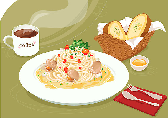 그릇 접시 커피 음식 빵 포크 일러스트 잔 서양음식 스파게티 요리 사람없음 컵 숟가락 머그컵 면류 면 이탈리아음식 차 커피잔 크림스파게티 마늘빵 국내일러스트 AI파일 식기 음료 파스타 수저 파일형식 벡터