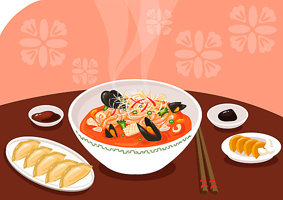 그릇 음식 채소 일러스트 젓가락 양파 중국문화 요리 사람없음 중식 면류 면 만두 단무지 간장 종지 짬뽕 군만두 춘장 국내일러스트 AI파일 동양문화 식기 외국문화 수저 양념 조미료 파일형식 벡터