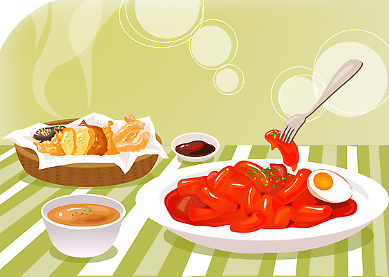 한국문화 그릇 접시 한식 음식 포크 일러스트 디저트 떡 요리 사람없음 계란 튀김 떡볶이 분식 국 간장 종지 국물 국내일러스트 AI파일 동양문화 식기 한국 알 양념 파일형식 벡터