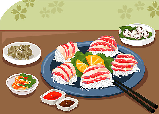 그릇 접시 음식 일본문화 과일 일러스트 젓가락 새우 연체동물 갑각류 요리 사람없음 계란 알 초밥 생선회 회 양념 장 레몬 낙지 메추리알 스끼다시 일본음식 국내일러스트 AI파일 동물 동양문화 식기 외국문화 무척추동물 수저 수중동물 파일형식 벡터