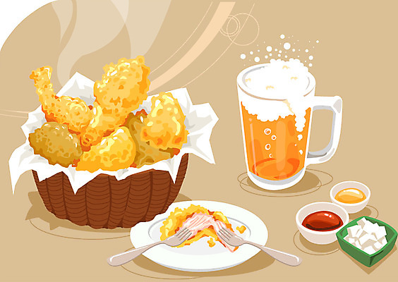 그릇 접시 음식 포크 채소 일러스트 잔 맥주 주류 생맥주 육류 요리 사람없음 컵 바구니 치킨 프라이드치킨 닭고기 알코올 닭 무 안주 야식 맥주잔 종지 육식 호프 치맥 국내일러스트 AI파일 식기 음료 술잔 식재료 조류 뿌리채소 닭고기요리 파일형식 벡터