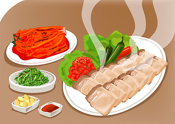 한국문화 그릇 접시 한식 음식 채소 일러스트 고추 김치 마늘 육류 돼지고기 요리 사람없음 상추 쌈 종지 보쌈 쌈장 파 육식 국내일러스트 AI파일 동양문화 식기 식재료 한국 양념 파일형식 벡터