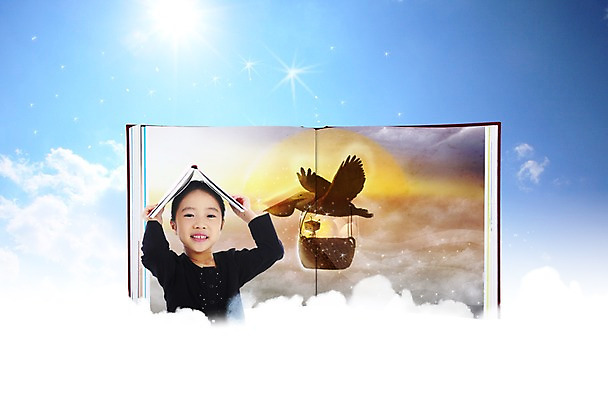 PSD 동물 구름 편집이미지 여자 교육 어린이 포즈 부분 조류 하늘 한명 사람 소녀 상반신 앞모습 책 독서 태양 바구니 펼침 한국인 펠리컨 여자만 여자한명만 어린이만 소녀만 소녀한명만 이미지편집 자연요소 1 뷰포인트 모션 동양인 파일형식