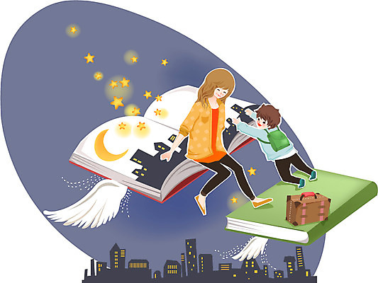 건축물 잡화 여자 어린이교육 교육 남자 어린이 날개 가방 일러스트 상상 밤하늘 미소 웃음 사람 소녀 소년 두명 건물 책 독서 마을 도시 저녁 어린이만 국내일러스트 AI파일 건축 하늘 표정 야간 파일형식 벡터