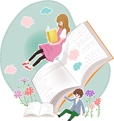 식물 구름 여자 어린이교육 교육 남자 꽃 어린이 일러스트 상상 미소 웃음 사람 앉기 소녀 소년 두명 책 독서 펼침 어린이만 국내일러스트 AI파일 자연요소 모션 표정 파일형식 벡터