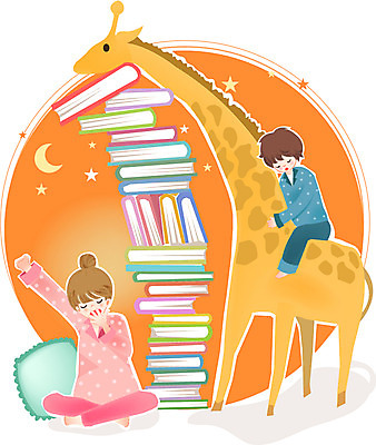 동물 여자 어린이교육 교육 남자 별 어린이 일러스트 상상 미소 웃음 사람 소녀 소년 두명 책 독서 쌓기 잠옷 달 잠 기린 하품 어린이만 국내일러스트 AI파일 자연요소 옷 포유류 모션 표정 생리현상 파일형식 벡터