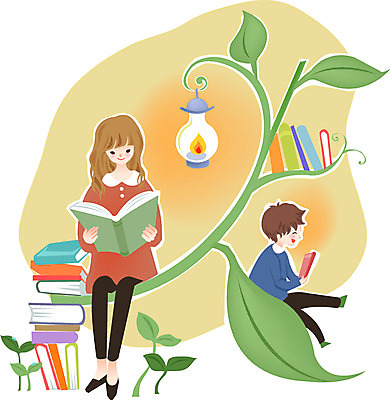 여자 어린이교육 교육 남자 어린이 일러스트 상상 조명 책장 미소 웃음 사람 앉기 소녀 소년 두명 책 독서 새싹 어린이만 국내일러스트 AI파일 식물 가구 모션 표정 파일형식 벡터