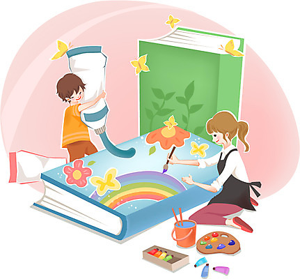 여자 어린이교육 교육 남자 꽃 어린이 줄기 나비 곤충 무지개 잎 꽃무늬 일러스트 상상 미소 웃음 사람 소녀 소년 두명 책 독서 앞치마 물감 붓 용기 그리기 팔레트 물통 그림 튜브 어린이만 국내일러스트 AI파일 자연요소 식물 동물 그릇 무늬 모션 표정 미술도구 파일형식 벡터