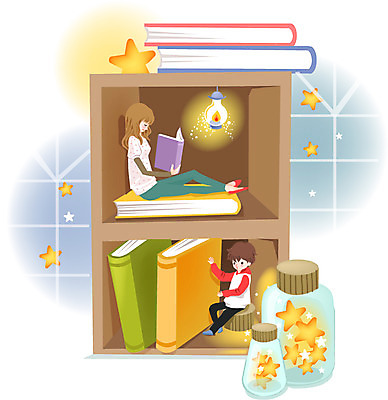 여자 어린이교육 교육 남자 별 어린이 일러스트 전구 상상 조명 책장 미소 웃음 사람 소녀 소년 두명 책 독서 병 어린이만 국내일러스트 AI파일 자연요소 식기 가구 표정 파일형식 벡터