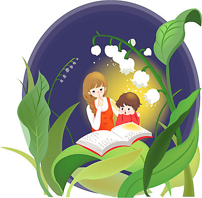 식물 여자 어린이교육 교육 남자 꽃 어린이 잎 일러스트 상상 미소 웃음 사람 소녀 소년 두명 책 독서 은방울꽃 어린이만 국내일러스트 AI파일 표정 파일형식 벡터