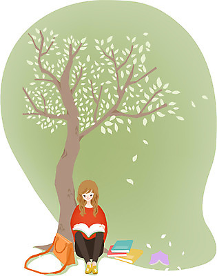 나무 식물 잡화 여자 잎 가방 일러스트 날리기 나뭇잎 한명 미소 웃음 사람 앉기 책 독서 여자만 여자한명만 국내일러스트 AI파일 1 모션 표정 파일형식 벡터