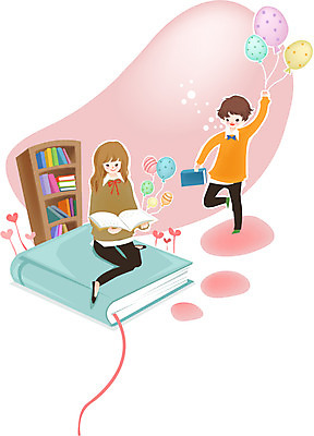 여자 어린이교육 교육 남자 어린이 일러스트 상상 책장 미소 웃음 사람 앉기 소녀 소년 두명 책 독서 펼침 풍선 어린이만 국내일러스트 AI파일 가구 모션 표정 파일형식 벡터