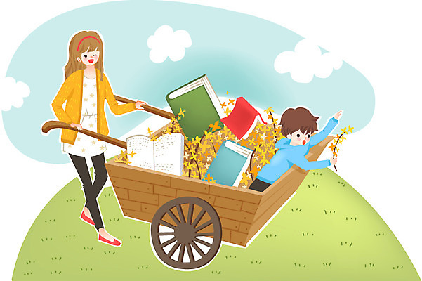 식물 구름 여자 어린이교육 교육 남자 꽃 어린이 일러스트 하늘 윙크 미소 웃음 사람 소녀 소년 두명 책 독서 수레 개나리 어린이만 국내일러스트 AI파일 자연요소 표정 카트 파일형식 벡터