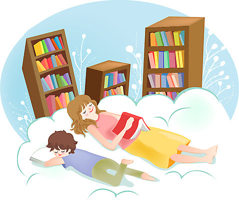 구름 여자 어린이교육 교육 남자 어린이 일러스트 상상 책장 미소 웃음 사람 소녀 소년 두명 책 눕기 독서 잠 어린이만 국내일러스트 AI파일 자연요소 가구 모션 표정 파일형식 벡터
