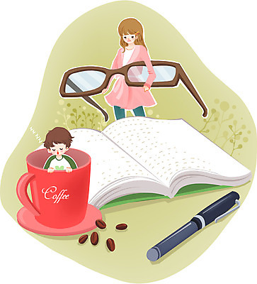 여자 어린이교육 교육 남자 안경 어린이 일러스트 상상 미소 웃음 사람 소녀 소년 두명 책 컵 독서 필기구 펜 볼펜 원두 어린이만 국내일러스트 AI파일 식기 잡화 커피 문구용품 표정 파일형식 벡터