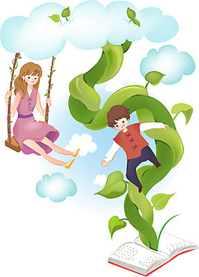 식물 구름 여자 어린이교육 교육 남자 어린이 줄기 잎 일러스트 상상 하늘 미소 웃음 사람 소녀 소년 두명 책 독서 펼침 그네 어린이만 국내일러스트 AI파일 자연요소 모션 표정 파일형식 벡터