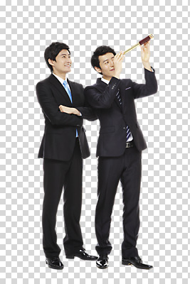 스튜디오촬영 전신 편집이미지 응시 남자 포즈 비즈니스 모션 실내 서기 미소 웃음 들기 사람 동양인 정장 손짓 성인 두명 팔짱 망원경 한국인 관찰 직장인 비즈니스맨 PNG 남자만 성인남자만 성인만 편집소스 직업 시선 옷 표정 인종 내부 파일형식