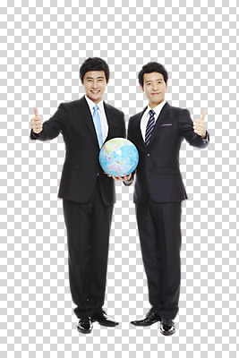 스튜디오촬영 전신 편집이미지 남자 지구 포즈 비즈니스 모션 실내 서기 미소 웃음 들기 사람 동양인 정장 손짓 성인 두명 앞모습 지구본 손들기 한국인 엄지손가락 최고 직장인 비즈니스맨 따봉 PNG 남자만 성인남자만 성인만 편집소스 직업 옷 뷰포인트 손가락 표정 인종 내부 파일형식