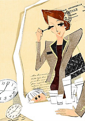 PSD 여자 딸 어린이 시계 가방 일러스트 엄마 서기 미소 웃음 사람 소녀 상반신 성인 두명 부모 화장 화장품 거울 육아 자녀 마스카라 출근 열정 화장대 출근준비 슈퍼맘 여자만 국내일러스트 잡화 감정 가구 가족 모션 표정 뷰티 주부 출퇴근 파일형식