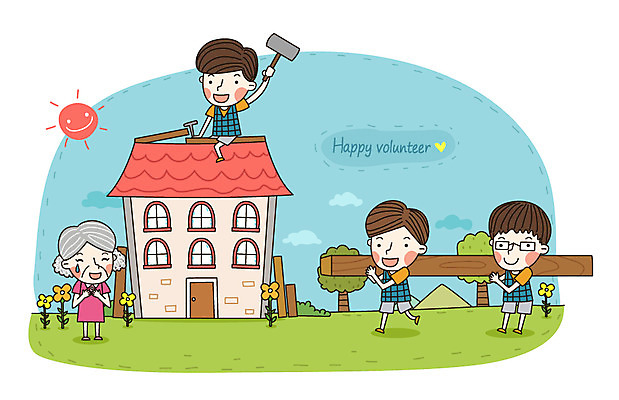 전신 나무 식물 여자 노년 남자 꽃 할머니 일러스트 주택 서기 미소 웃음 사람 여러명 성인 건물 목재 공구 봉사 도움 수리 자원봉사자 망치 사회이슈 사회봉사 노인만 성인만 국내일러스트 AI파일 건축물 다수 컨셉 재료 모션 표정 도구 파일형식 벡터