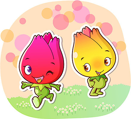 식물 캐릭터 꽃 컬러 일러스트 봄꽃 팔벌리기 윙크 미소 웃음 잔디 초원 사람없음 빨간색 노란색 튤립 식물캐릭터 꽃캐릭터 일러캐릭터 AI파일 모션 표정 봄 파일형식 벡터