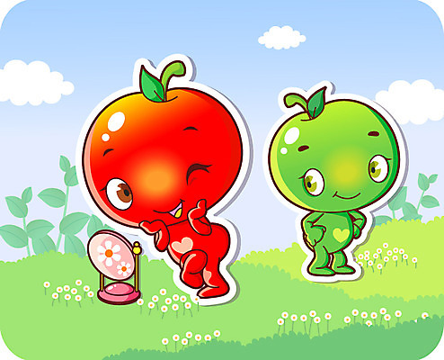 식물 구름 캐릭터 음식 컬러 과일 일러스트 홍보캐릭터 하늘 윙크 미소 웃음 잔디 초원 사람없음 빨간색 초록색 거울 사과 특산물 음식캐릭터 청사과 과일캐릭터 풋사과 식물캐릭터 사과캐릭터 일러캐릭터 AI파일 자연요소 표정 파일형식 벡터